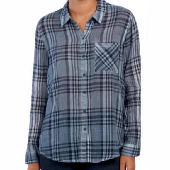 💙 Lucky Brand Blue Plaid Semi-Sheer Button Down Shirt Women’s Size Medium - Picture 1 of 7